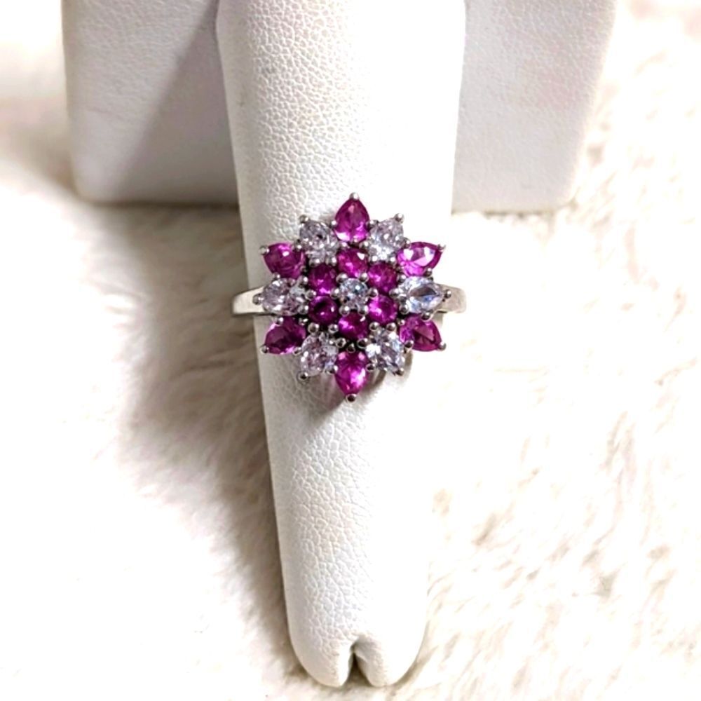 Vintage Pink & White Cubic Zirconia Ring Rhodium Plated - Picture 8 of 13